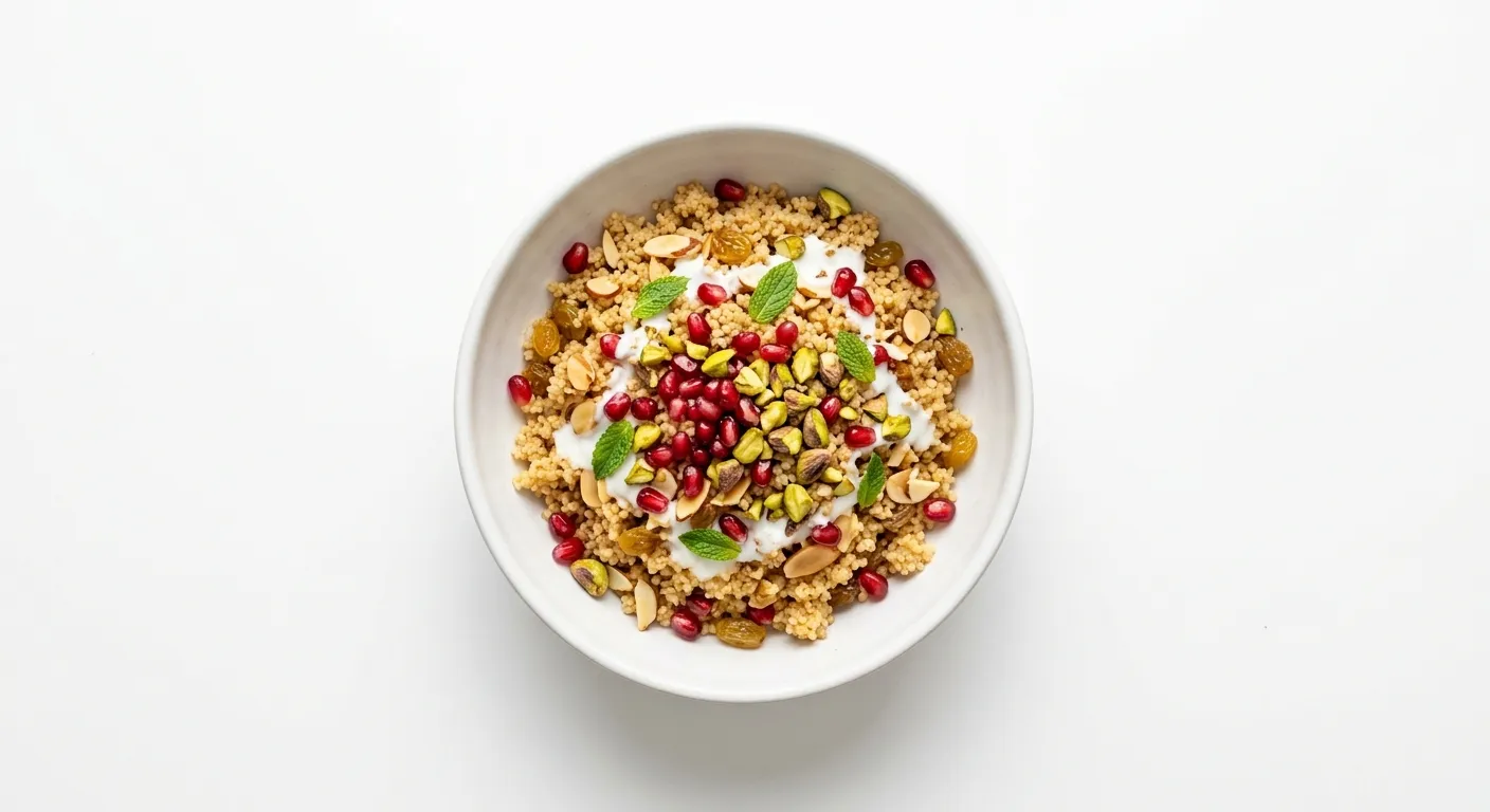 Exotic Spiced Breakfast Couscous with Pomegranate and Pistachios