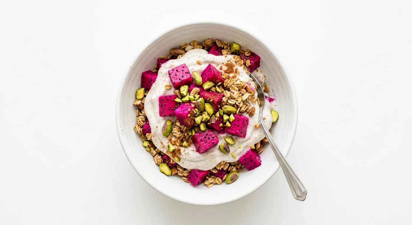 Exotic Spiced Breakfast Parfait with Dragon Fruit and Pistachios