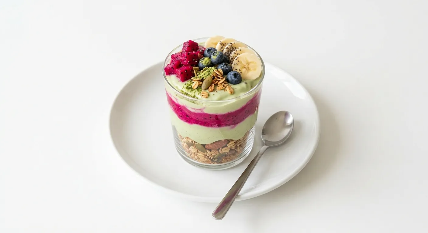 Exotic Spiced Breakfast Parfait with Matcha and Dragon Fruit