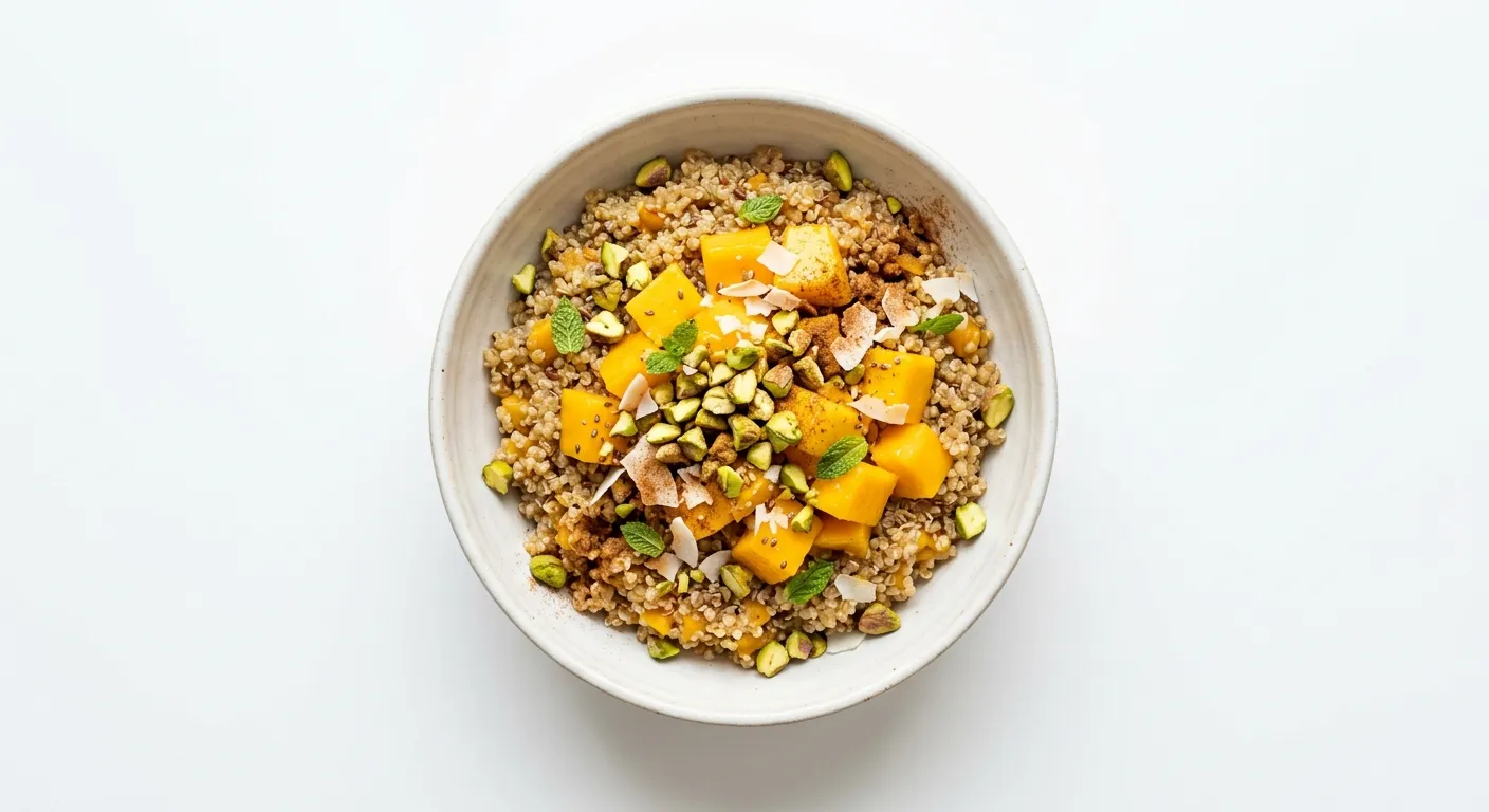 Exotic Spiced Breakfast Quinoa with Mango and Pistachios