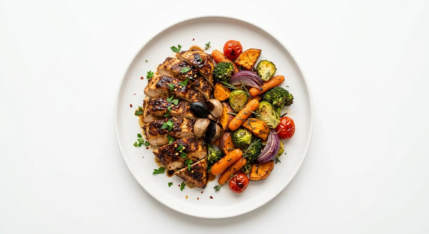 Exotic Spiced Chicken with Black Garlic and Roasted Vegetable Medley