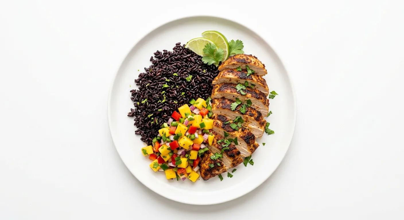 Exotic Spiced Chicken with Black Rice and Mango Salsa