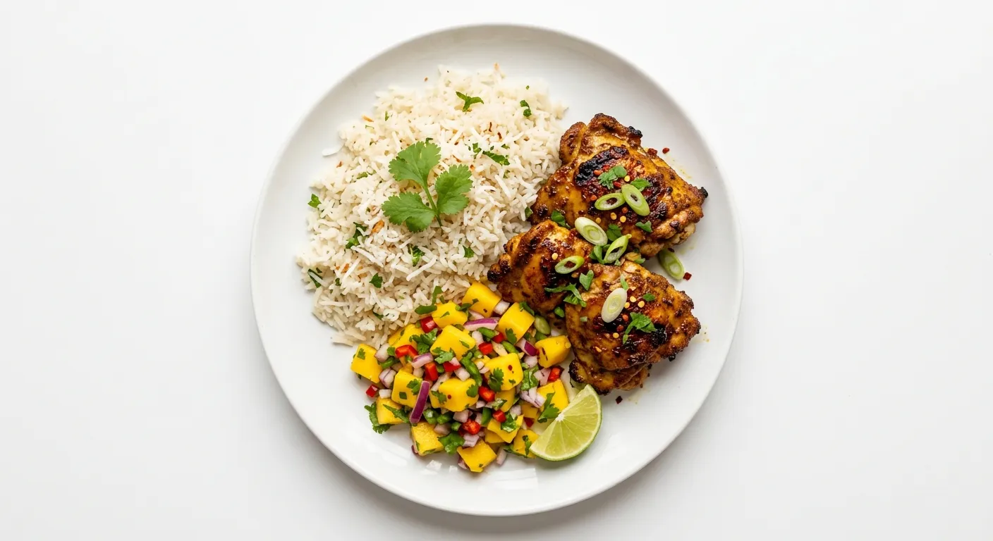 Exotic Spiced Chicken with Coconut Rice and Mango Salsa