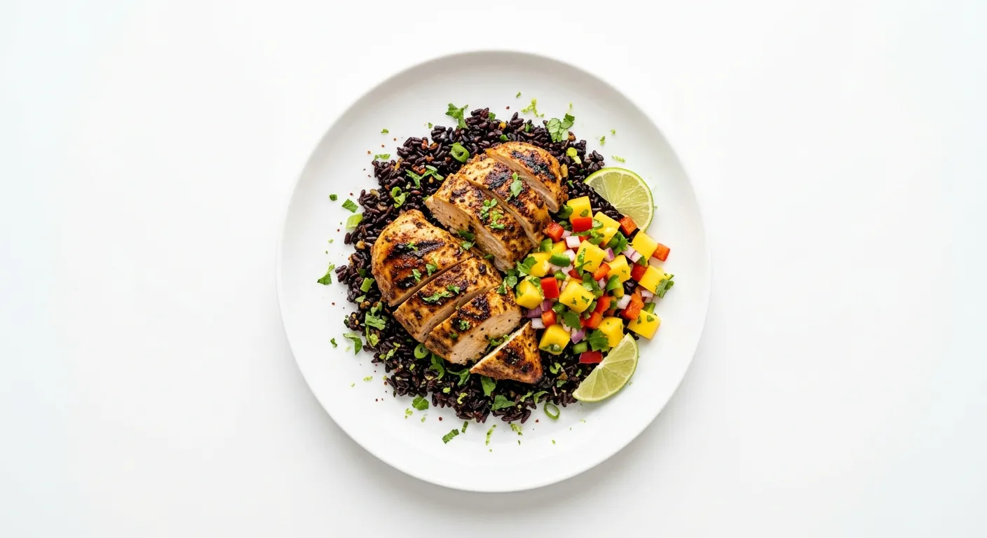 Exotic Spiced Chicken with Forbidden Rice and Mango Salsa