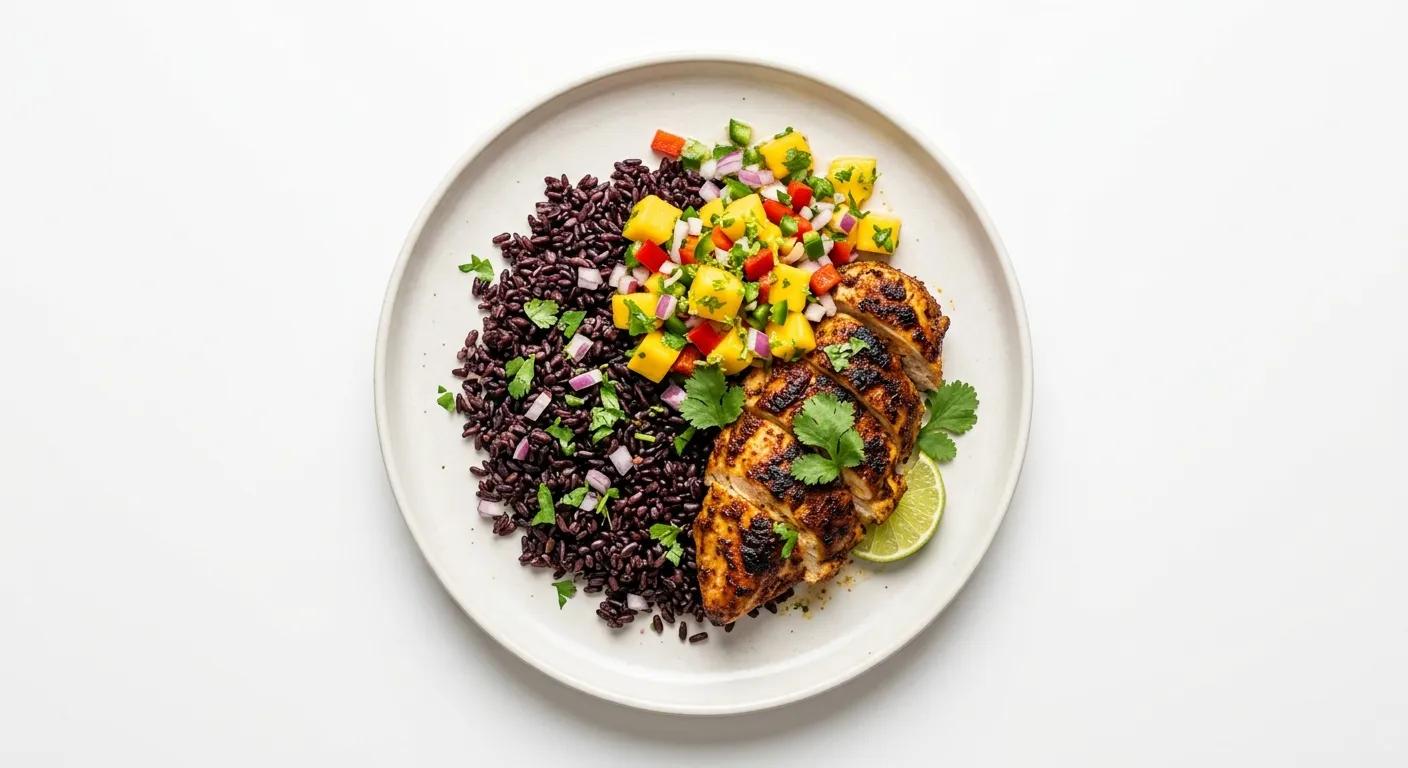 Exotic Spiced Chicken with Mango Salsa and Black Rice