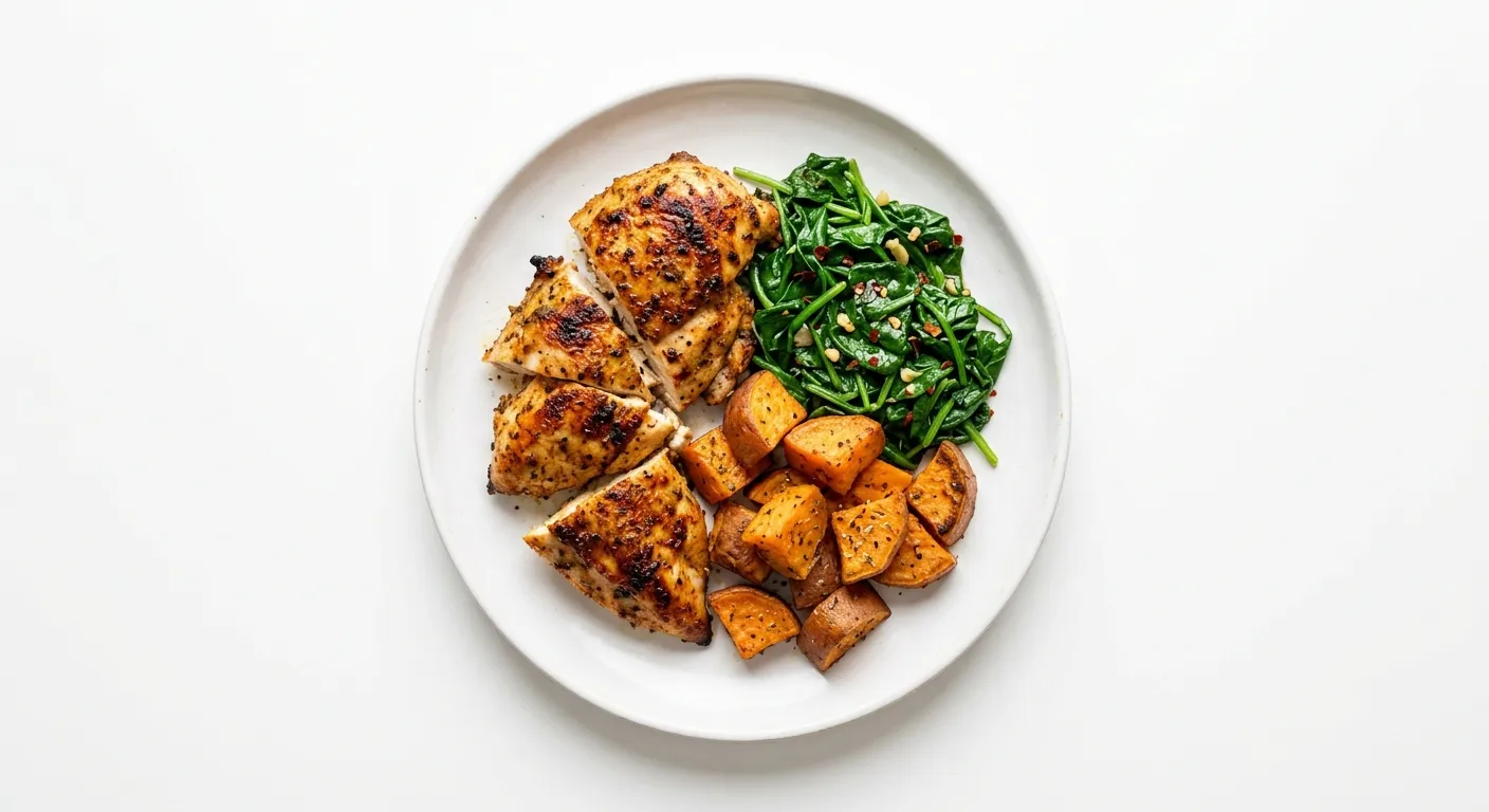Spiced Chicken with Roasted Sweet Potatoes and Spinach