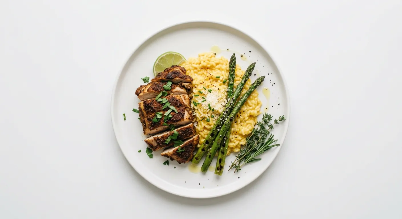 Exotic Spiced Chicken with Saffron Risotto and Grilled Asparagus