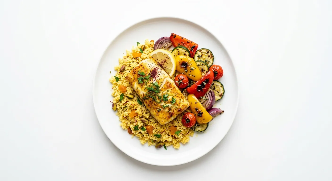 Exotic Spiced Cod with Saffron Couscous and Grilled Vegetables