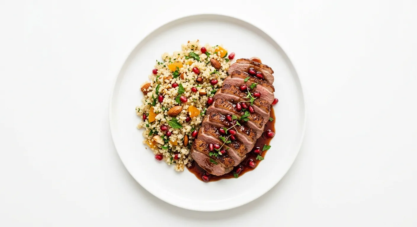 Exotic Spiced Duck Breast with Pomegranate Glaze and Quinoa Pilaf