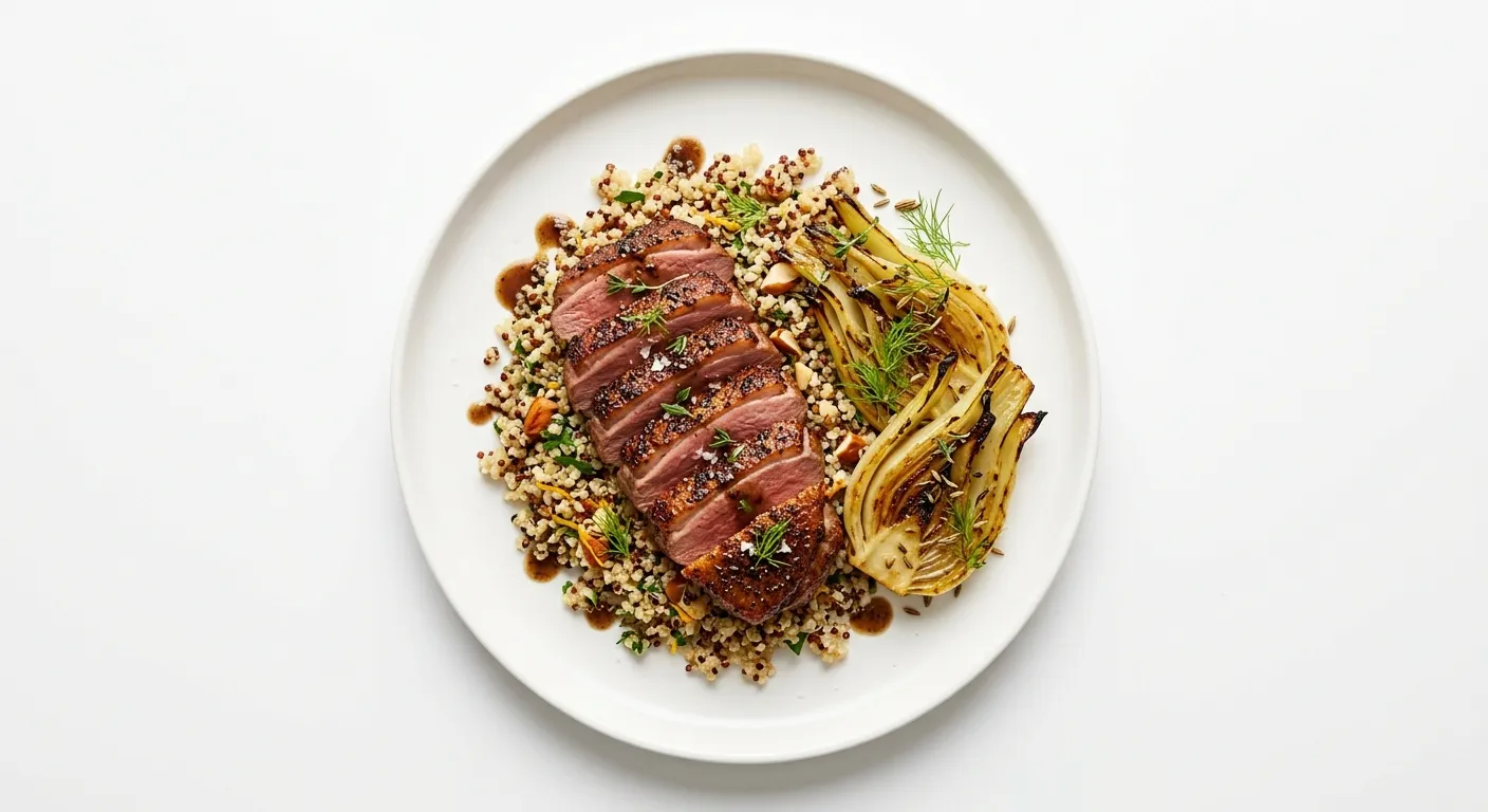 Exotic Spiced Duck Breast with Quinoa and Roasted Fennel