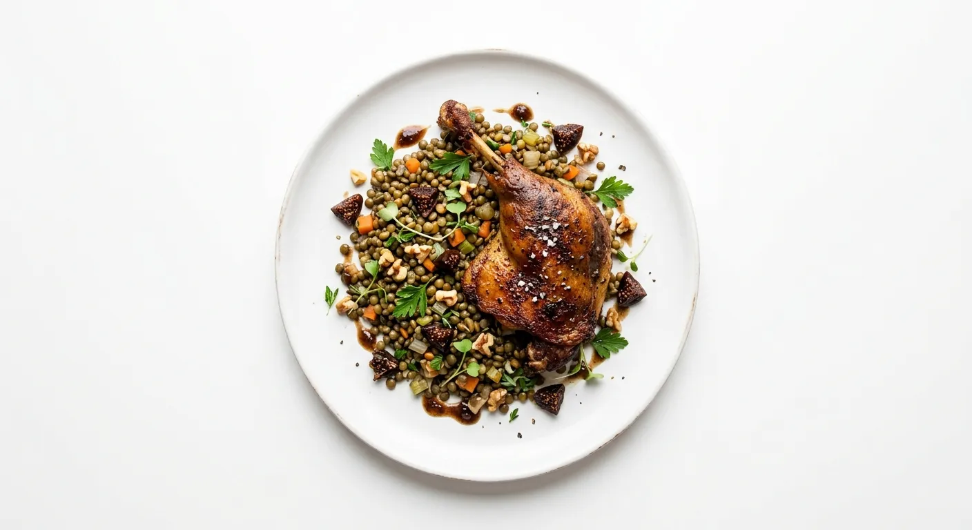 Exotic Spiced Duck Confit with Lentil Salad and Fig Vinaigrette