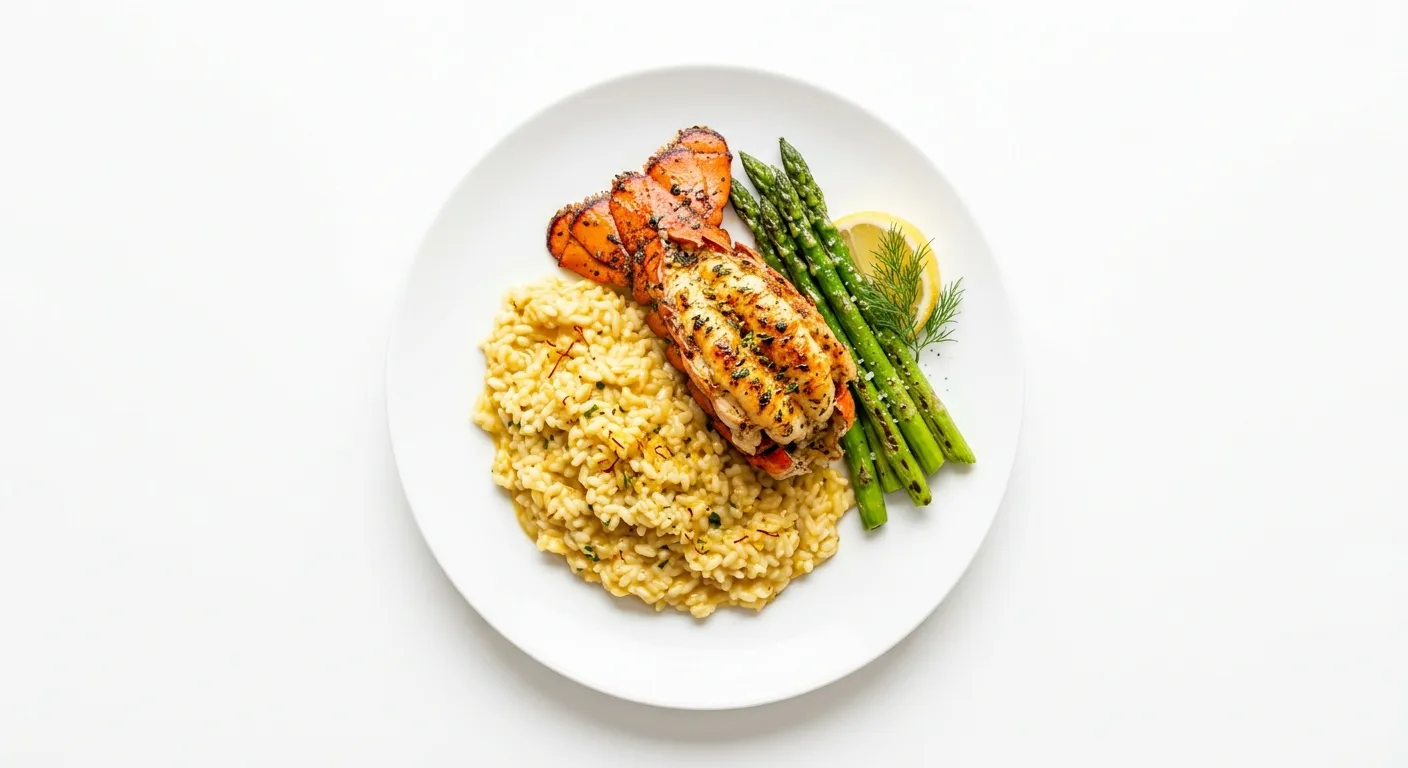 Exotic Spiced Grilled Lobster with Saffron Risotto and Asparagus