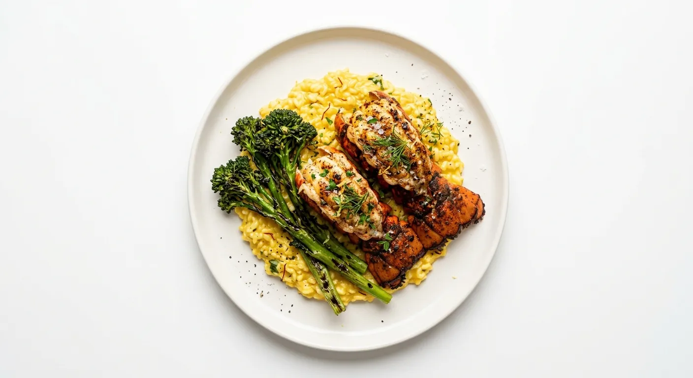 Exotic Spiced Grilled Lobster with Saffron Risotto and Charred Broccolini