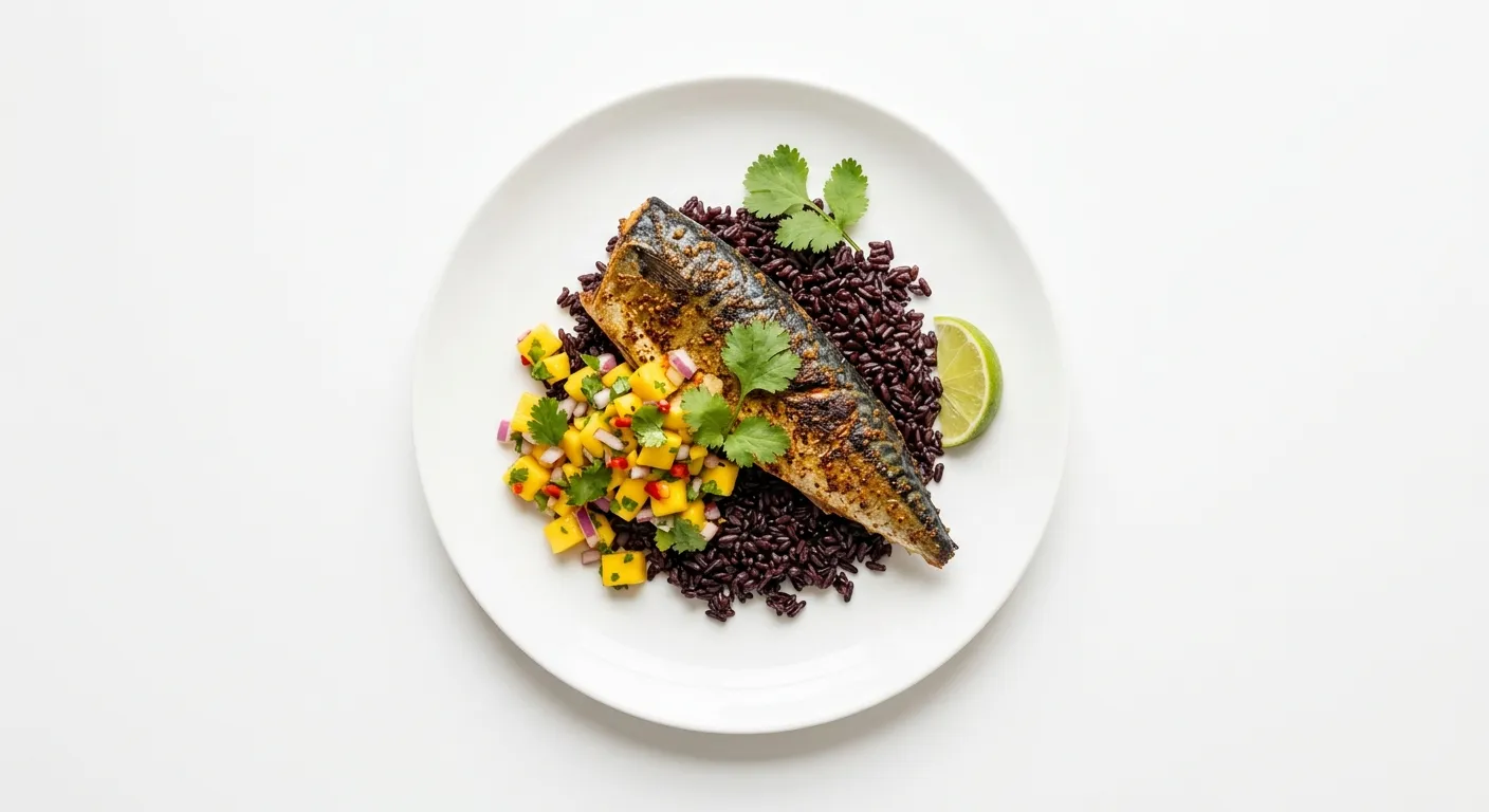 Exotic Spiced Grilled Mackerel with Black Rice and Mango Salsa