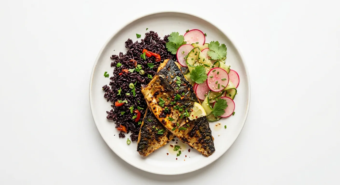 Exotic Spiced Grilled Mackerel with Black Rice and Pickled Radish