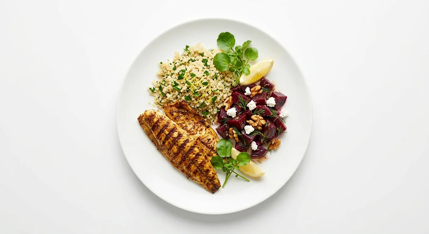 Exotic Spiced Grilled Mackerel with Quinoa and Roasted Beetroot Salad