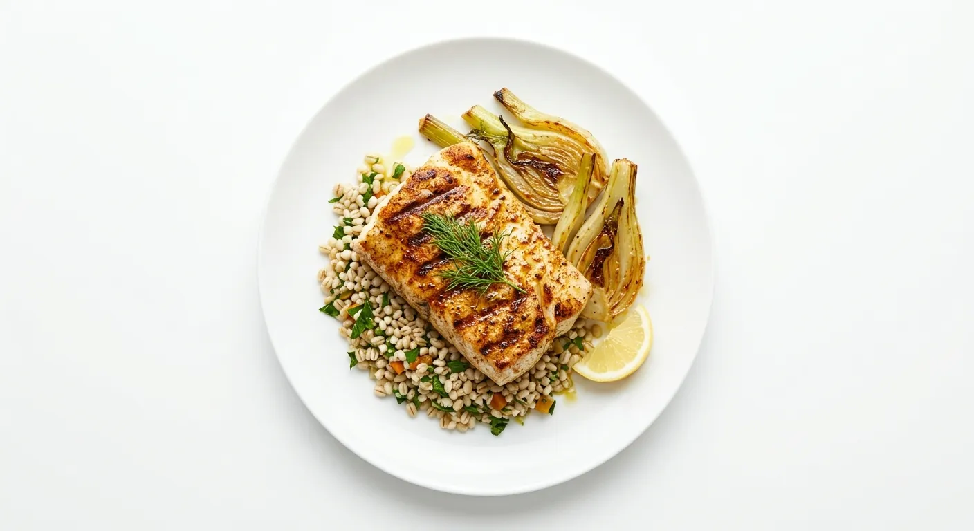 Exotic Spiced Grilled Monkfish with Barley and Roasted Fennel