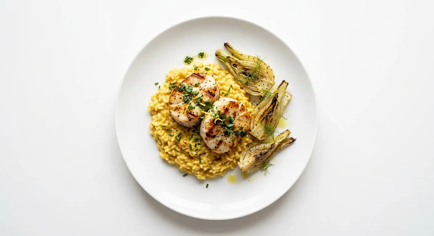 Exotic Spiced Grilled Monkfish with Saffron Risotto and Roasted Fennel