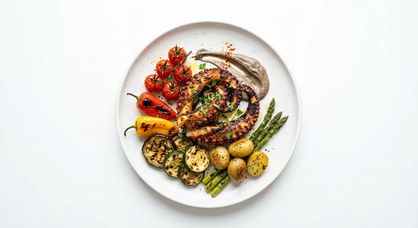 Exotic Spiced Grilled Octopus with Black Garlic Aioli and Charred Vegetables