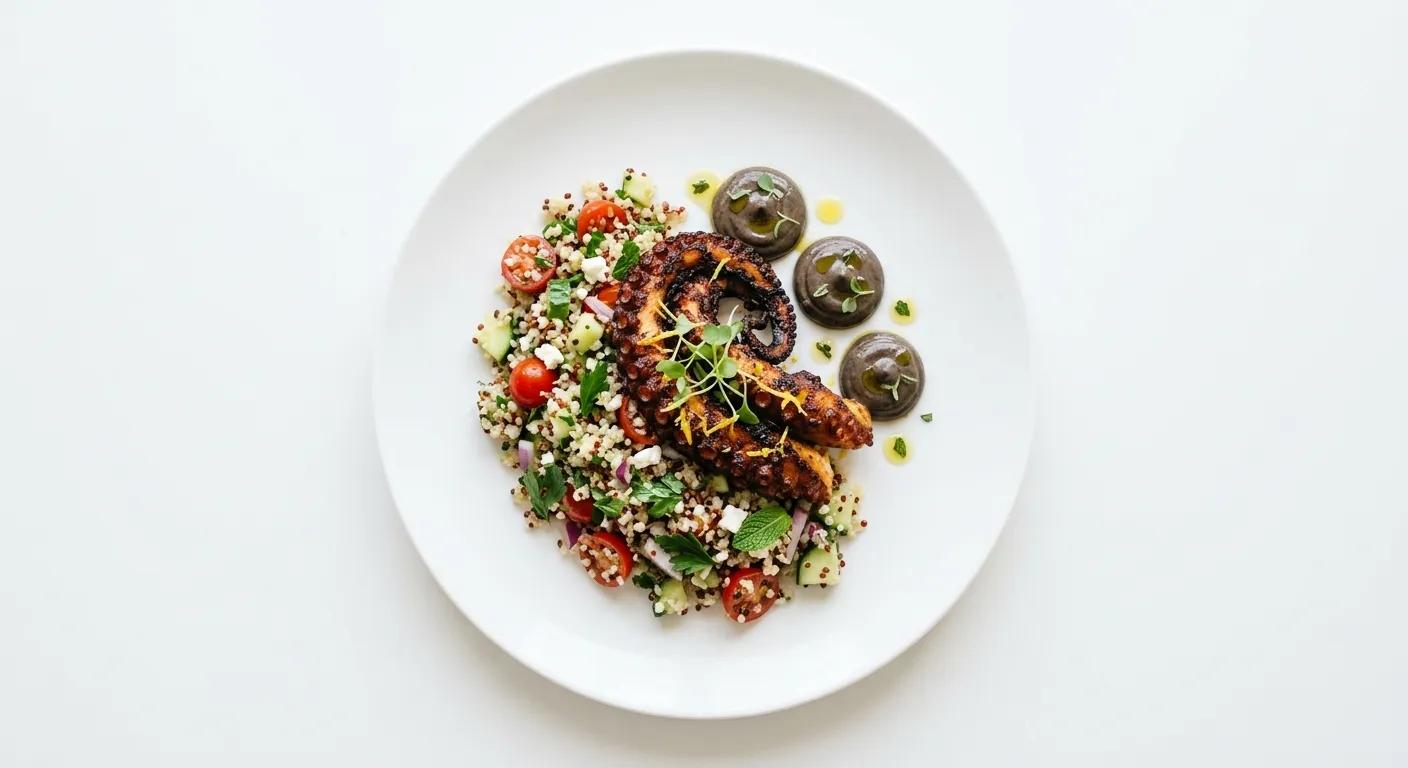 Exotic Spiced Grilled Octopus with Black Garlic Aioli and Quinoa Salad