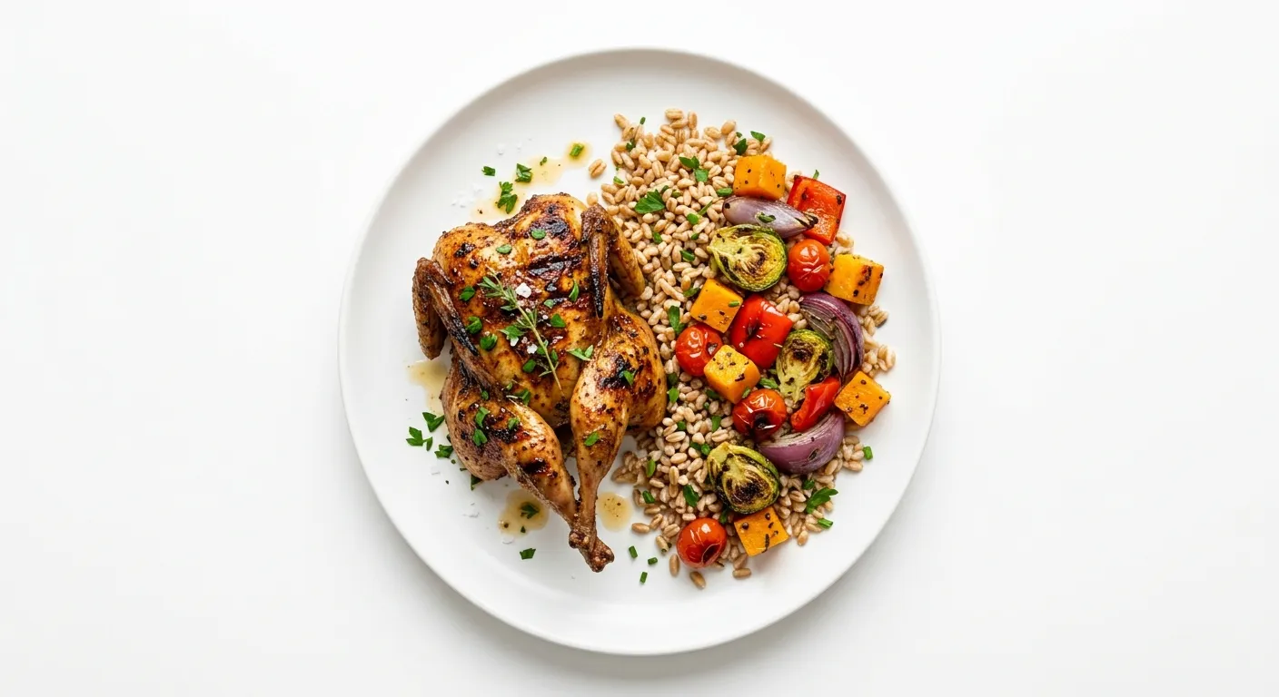 Exotic Spiced Grilled Quail with Farro and Roasted Vegetable Medley