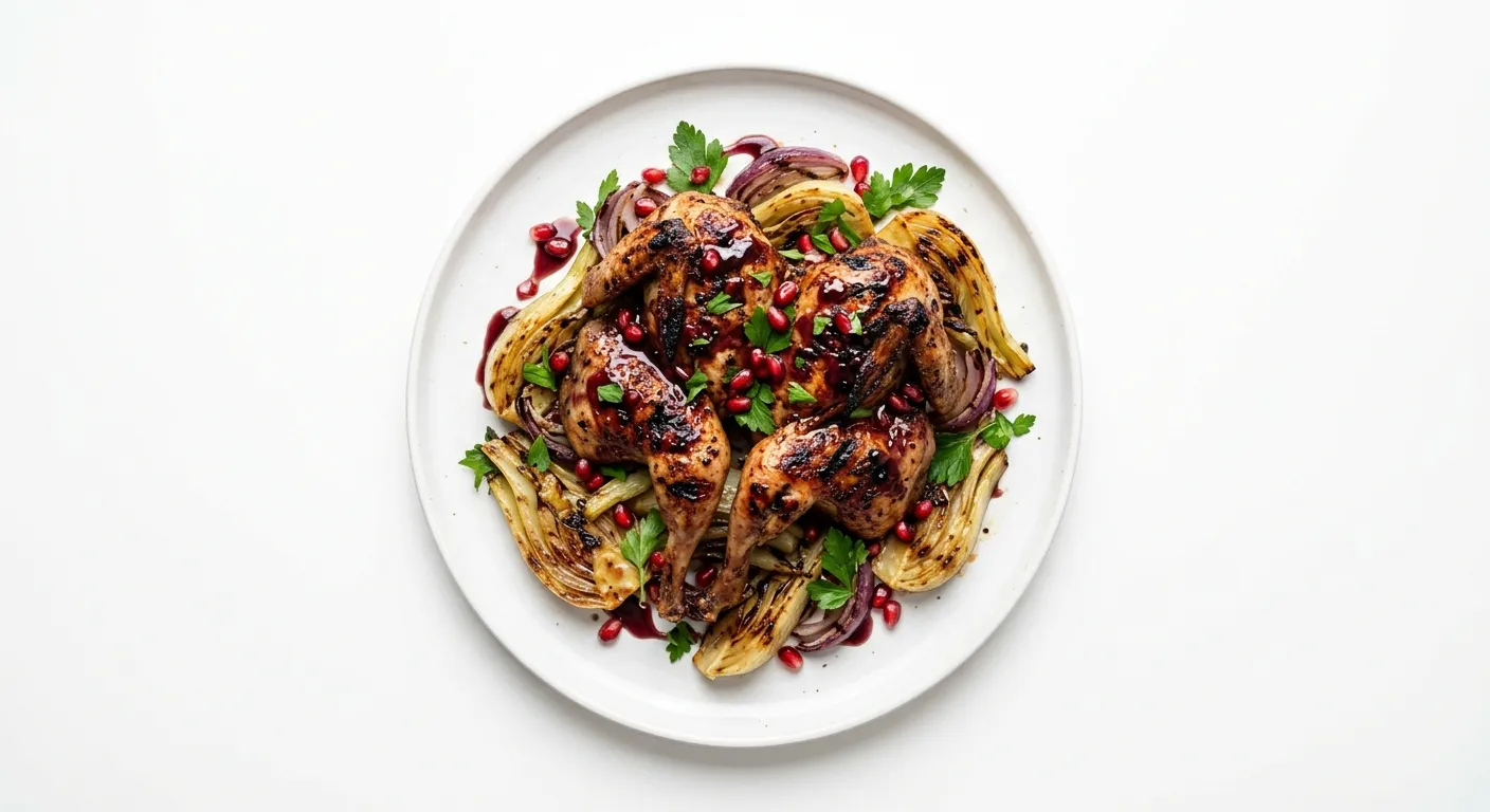 Exotic Spiced Grilled Quail with Pomegranate Glaze and Roasted Fennel