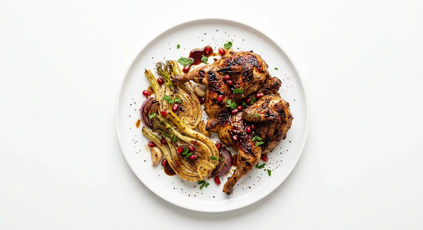 Exotic Spiced Grilled Quail with Pomegranate Molasses and Roasted Fennel