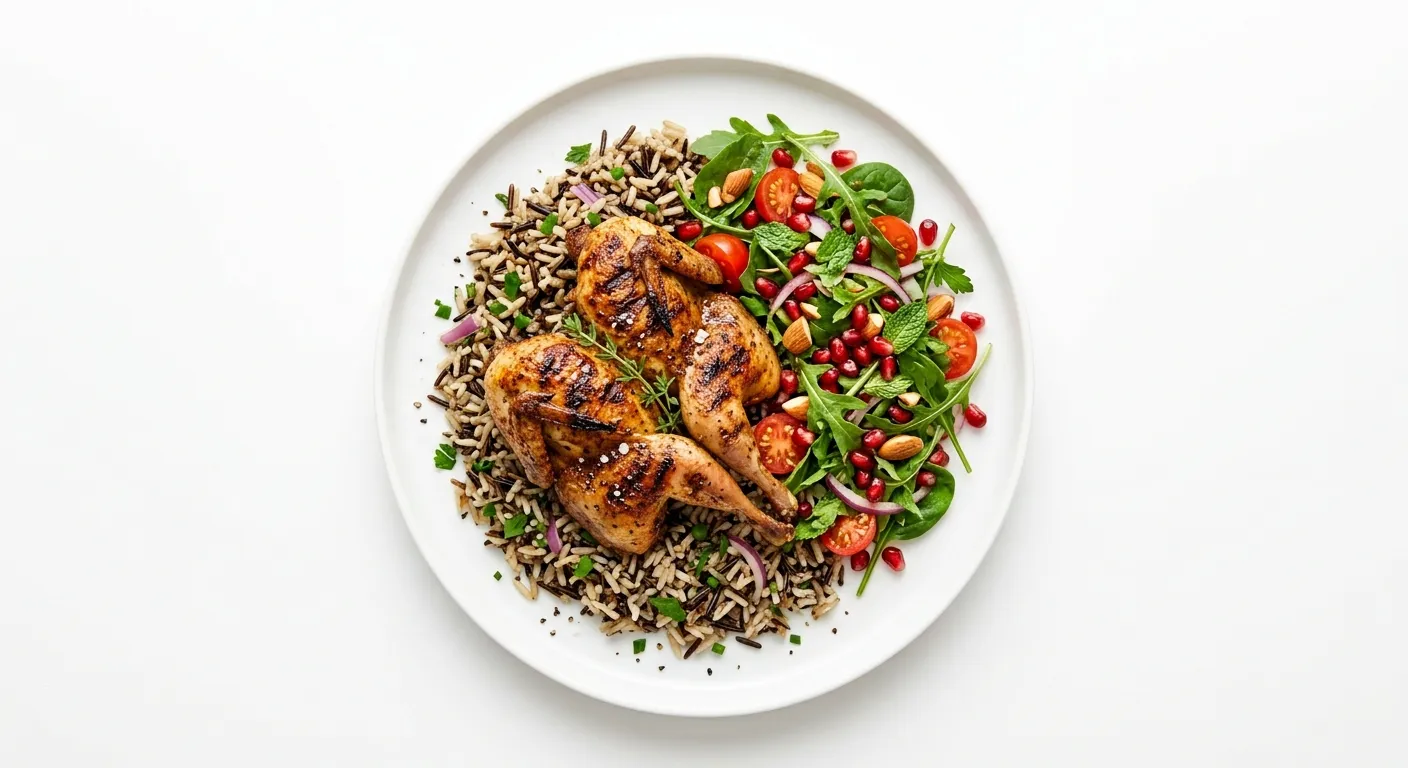Exotic Spiced Grilled Quail with Wild Rice and Pomegranate Salad