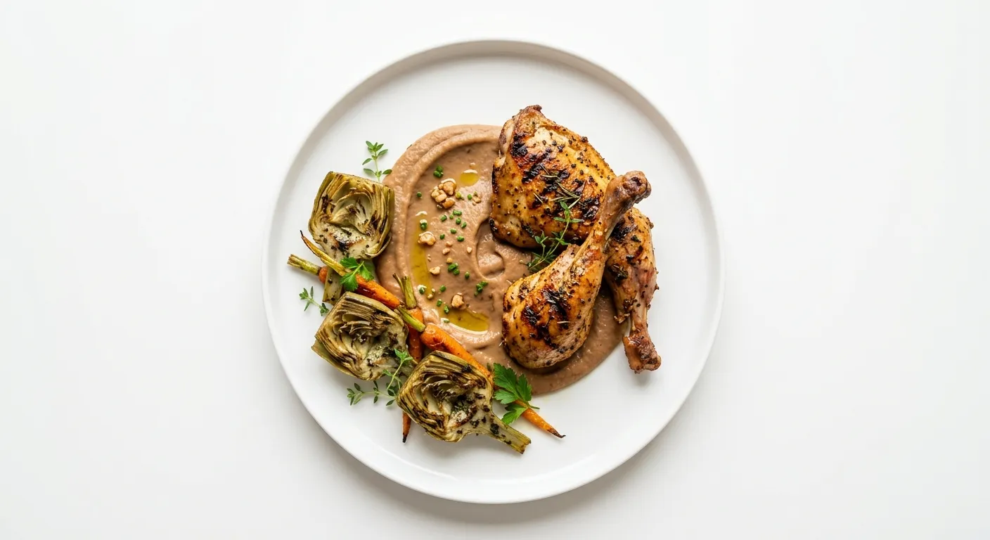 Exotic Spiced Grilled Rabbit with Chestnut Purée and Grilled Artichokes