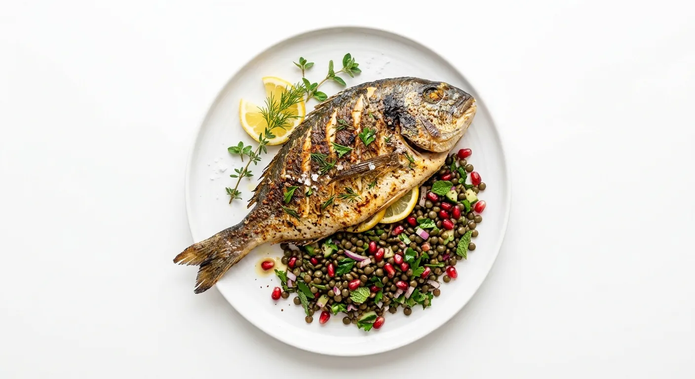 Exotic Spiced Grilled Sea Bream with Lentil and Pomegranate Salad