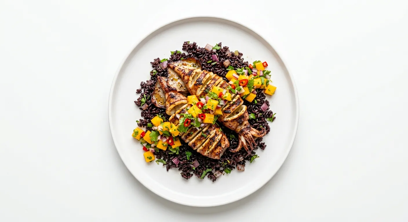 Exotic Spiced Grilled Squid with Black Rice and Mango Salsa