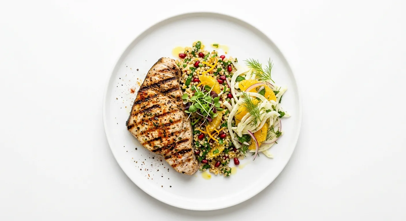 Exotic Spiced Grilled Swordfish with Citrus Quinoa and Fennel Salad