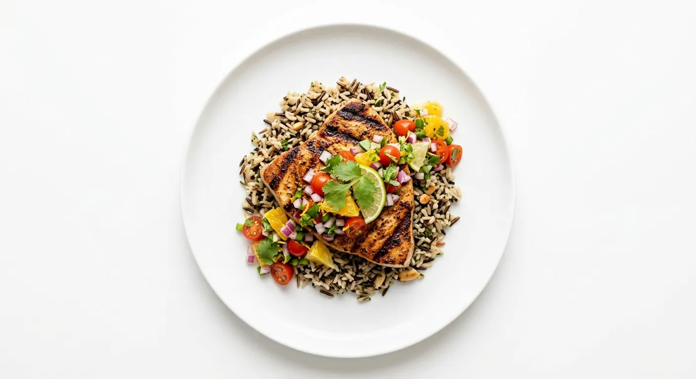 Exotic Spiced Grilled Swordfish with Citrus Salsa and Wild Rice