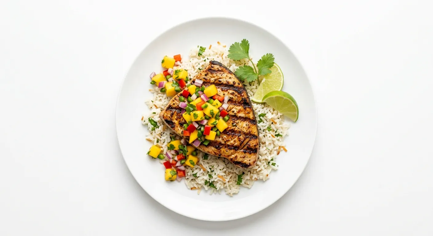 Exotic Spiced Grilled Swordfish with Mango Salsa and Coconut Rice
