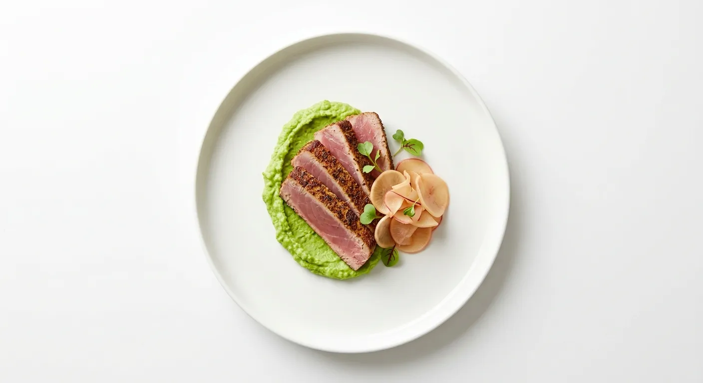Exotic Spiced Grilled Tuna with Wasabi Pea Purée and Pickled Radish