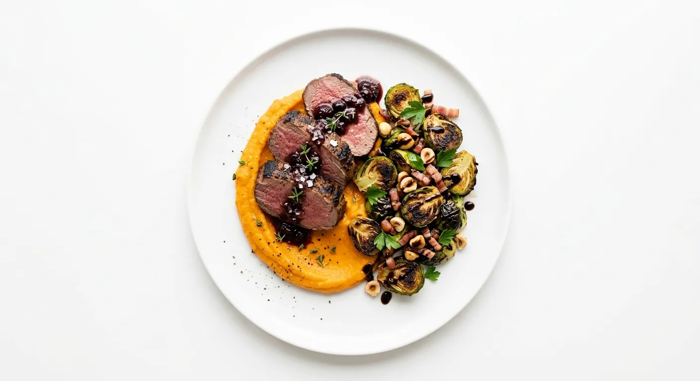 Exotic Spiced Grilled Venison with Sweet Potato Purée and Charred Brussels Sprouts