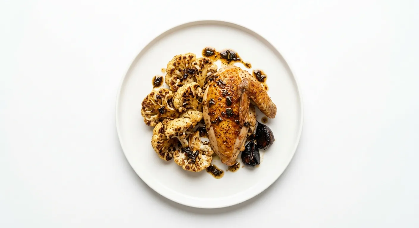 Exotic Spiced Guinea Fowl with Black Garlic and Roasted Cauliflower