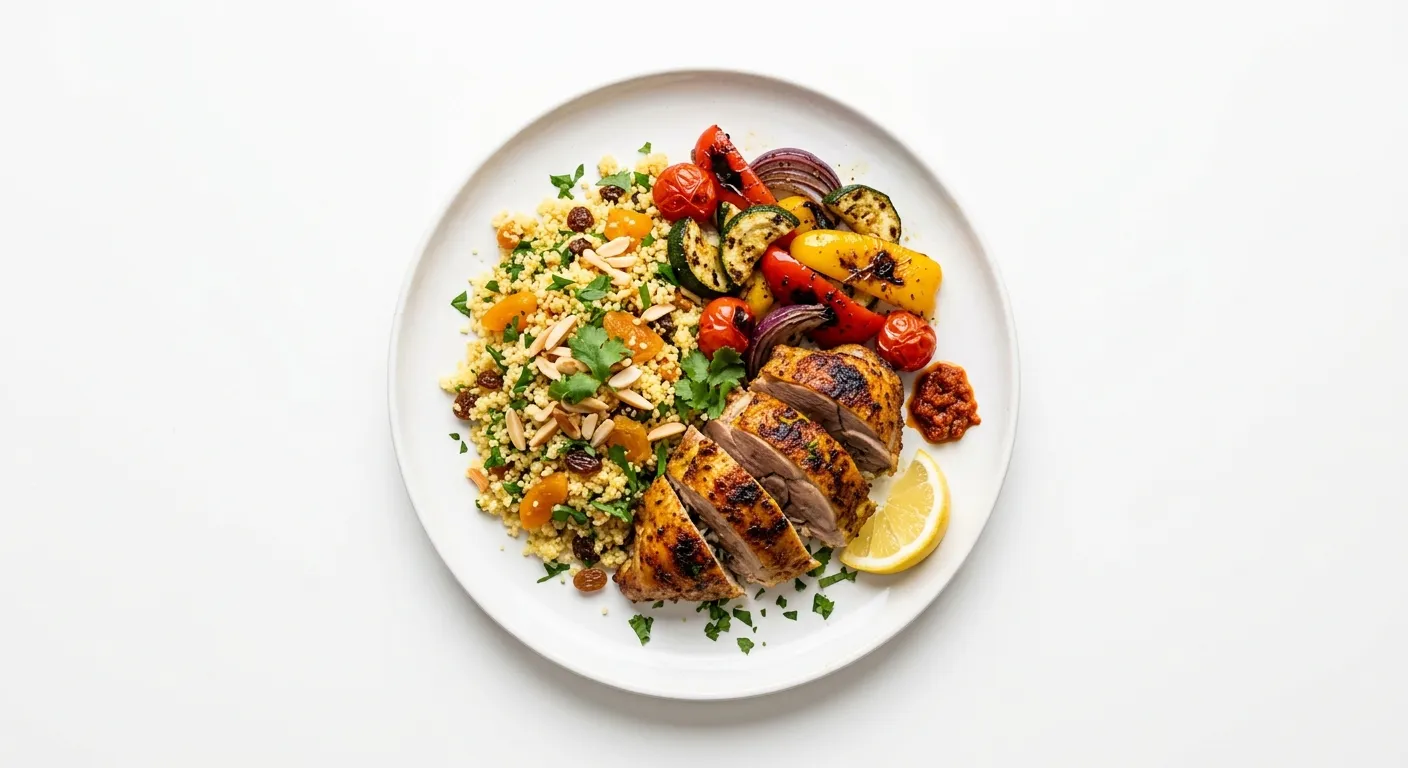 Exotic Spiced Guinea Fowl with Moroccan Couscous and Grilled Vegetables