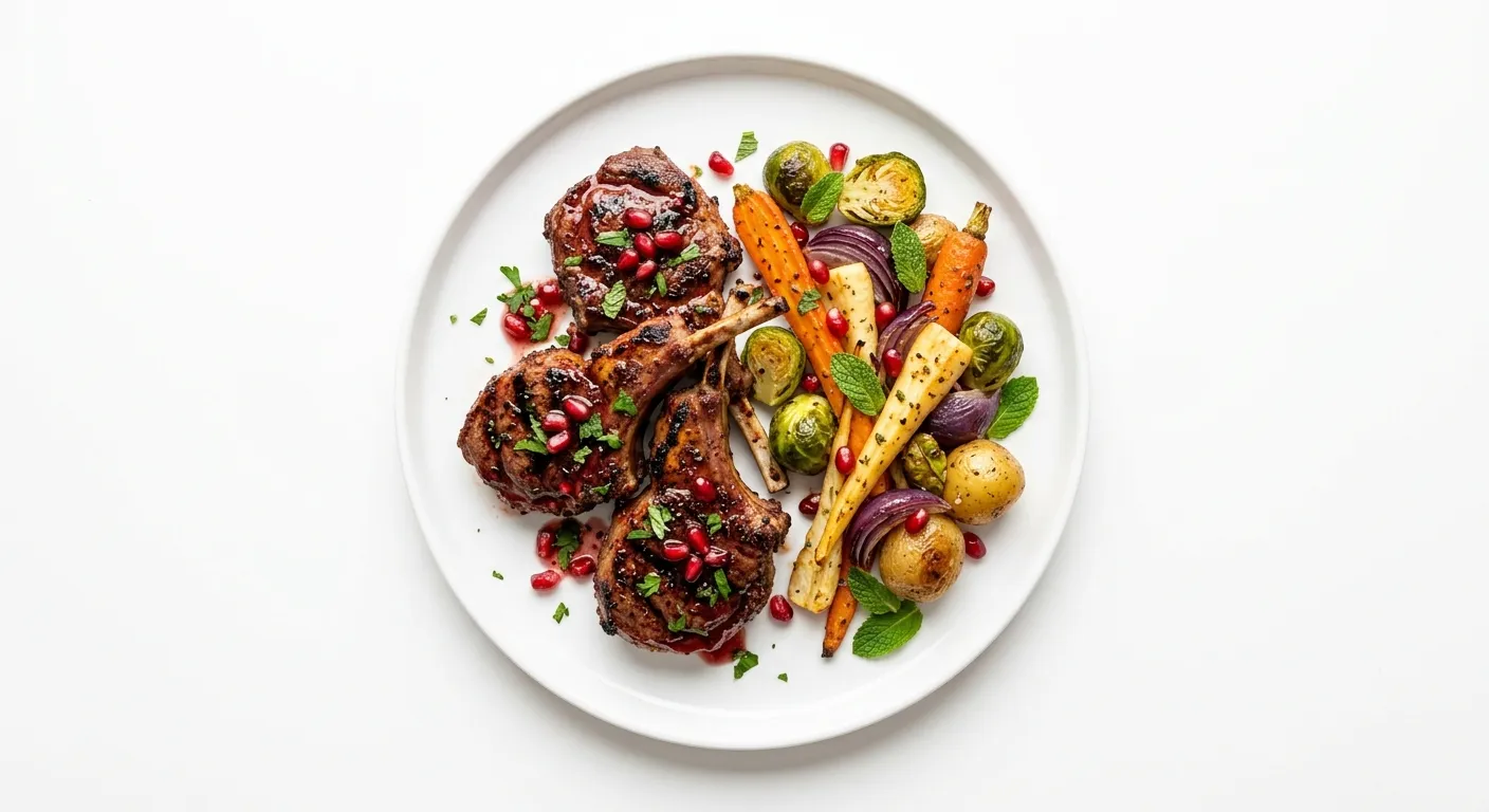 Exotic Spiced Lamb Chops with Pomegranate Glaze and Roasted Root Vegetables