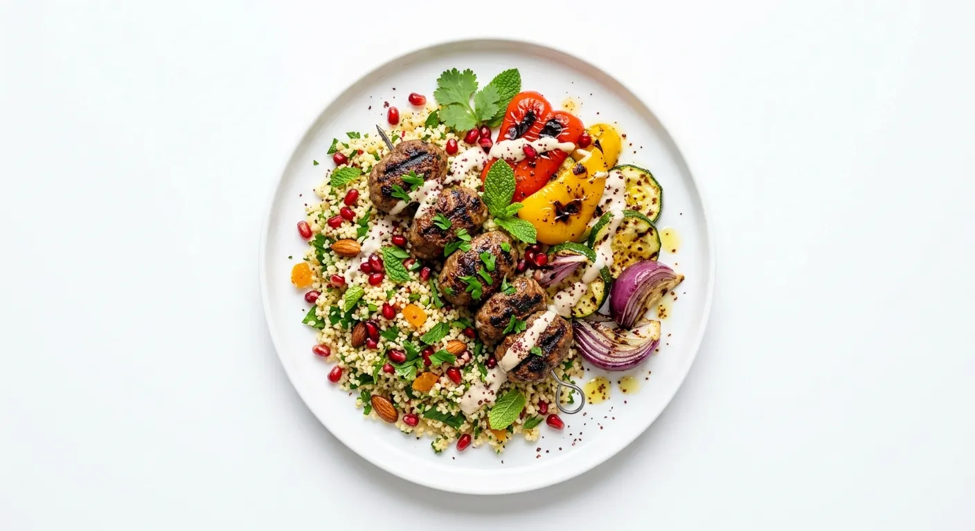 Exotic Spiced Lamb Kofta with Pomegranate Couscous and Grilled Vegetables