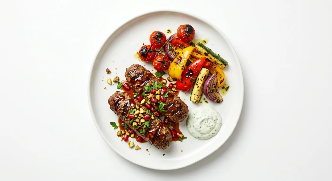 Exotic Spiced Lamb Kofta with Pomegranate Molasses and Grilled Vegetables