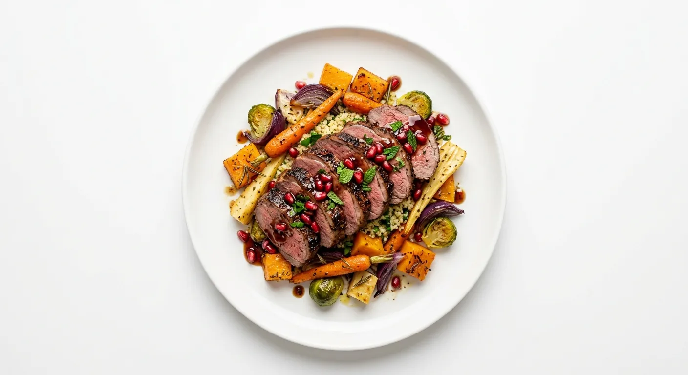 Exotic Spiced Lamb with Pomegranate Glaze and Roasted Vegetables