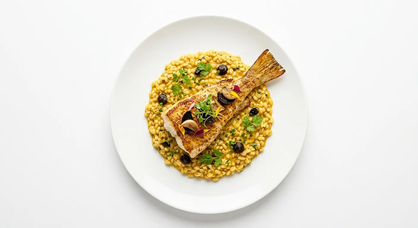 Exotic Spiced Monkfish with Black Garlic and Saffron Barley