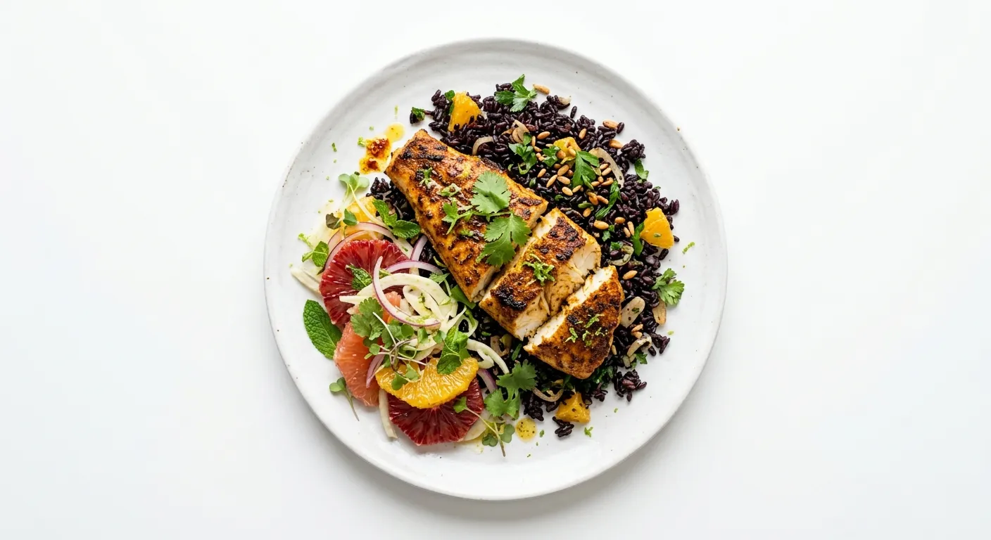 Exotic Spiced Monkfish with Black Rice and Citrus Salad