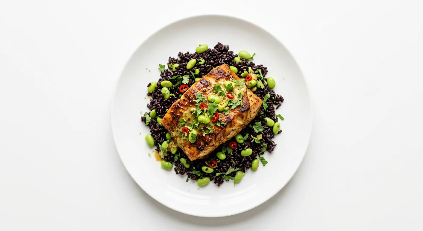 Exotic Spiced Monkfish with Black Rice and Grilled Artichokes