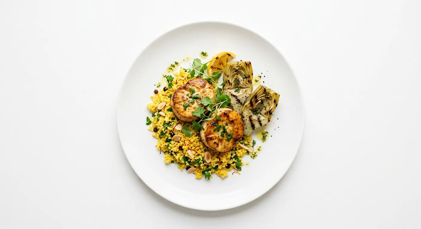 Exotic Spiced Monkfish with Saffron Couscous and Grilled Artichokes