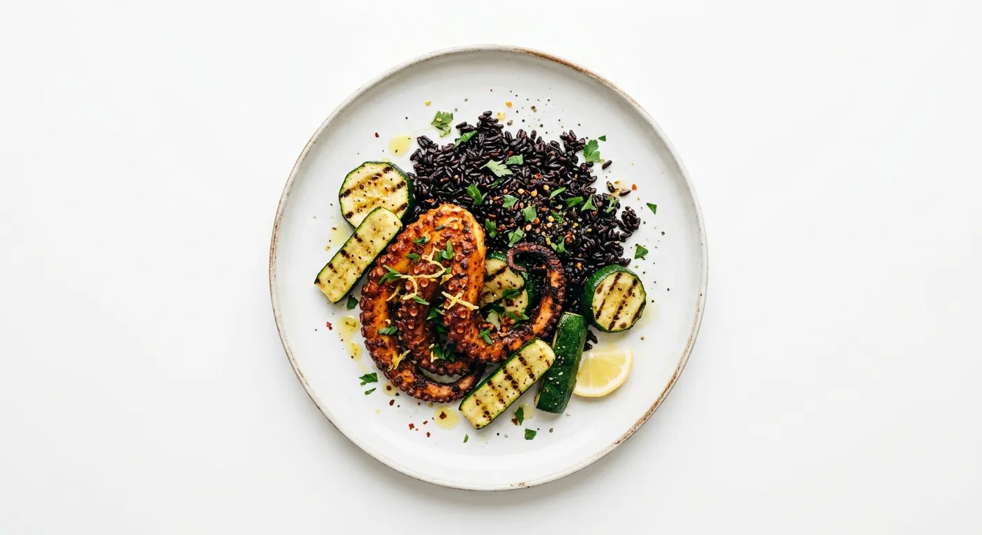Exotic Spiced Octopus with Black Rice and Grilled Zucchini