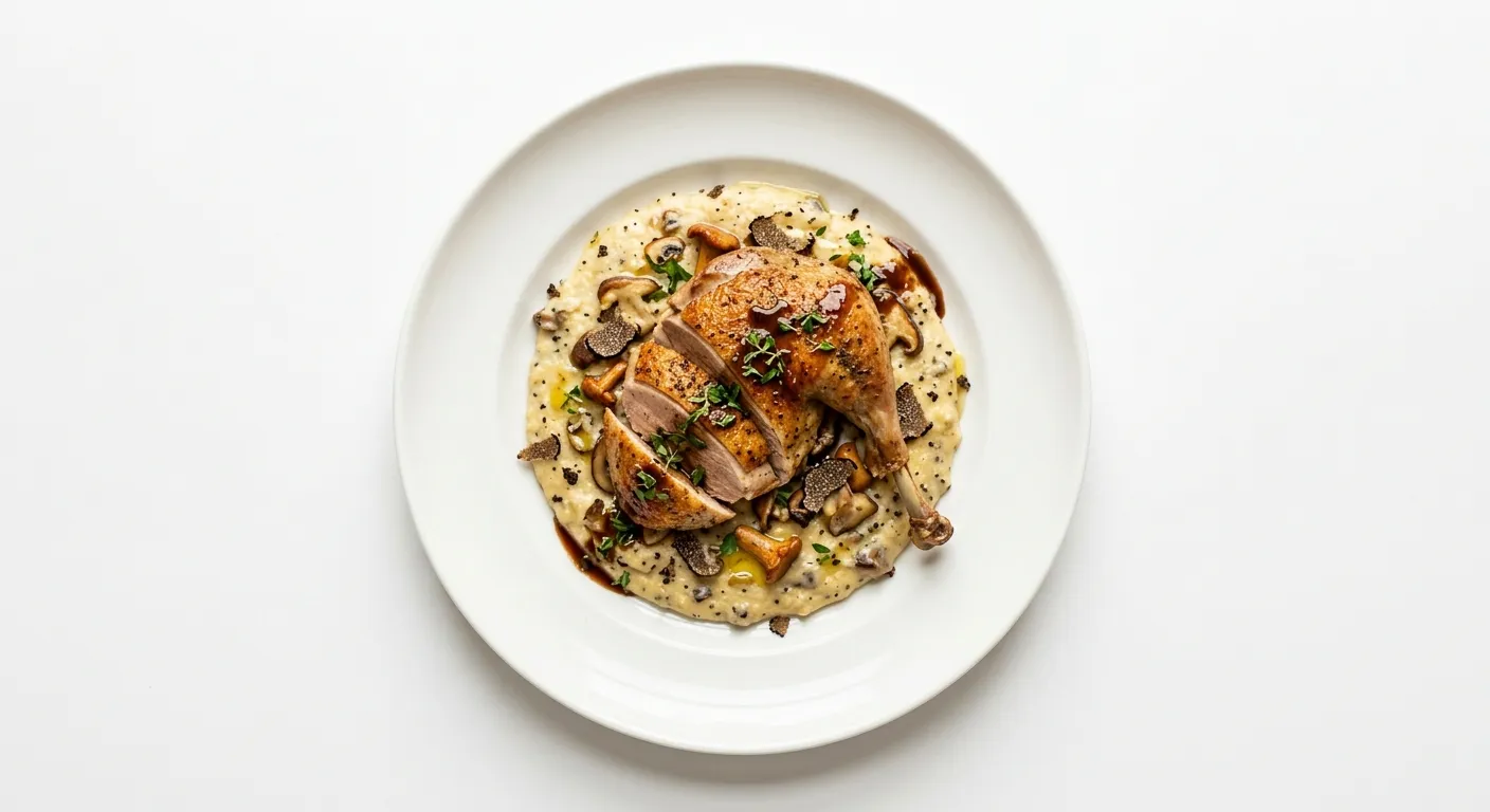 Exotic Spiced Pheasant with Wild Mushroom and Truffle Polenta