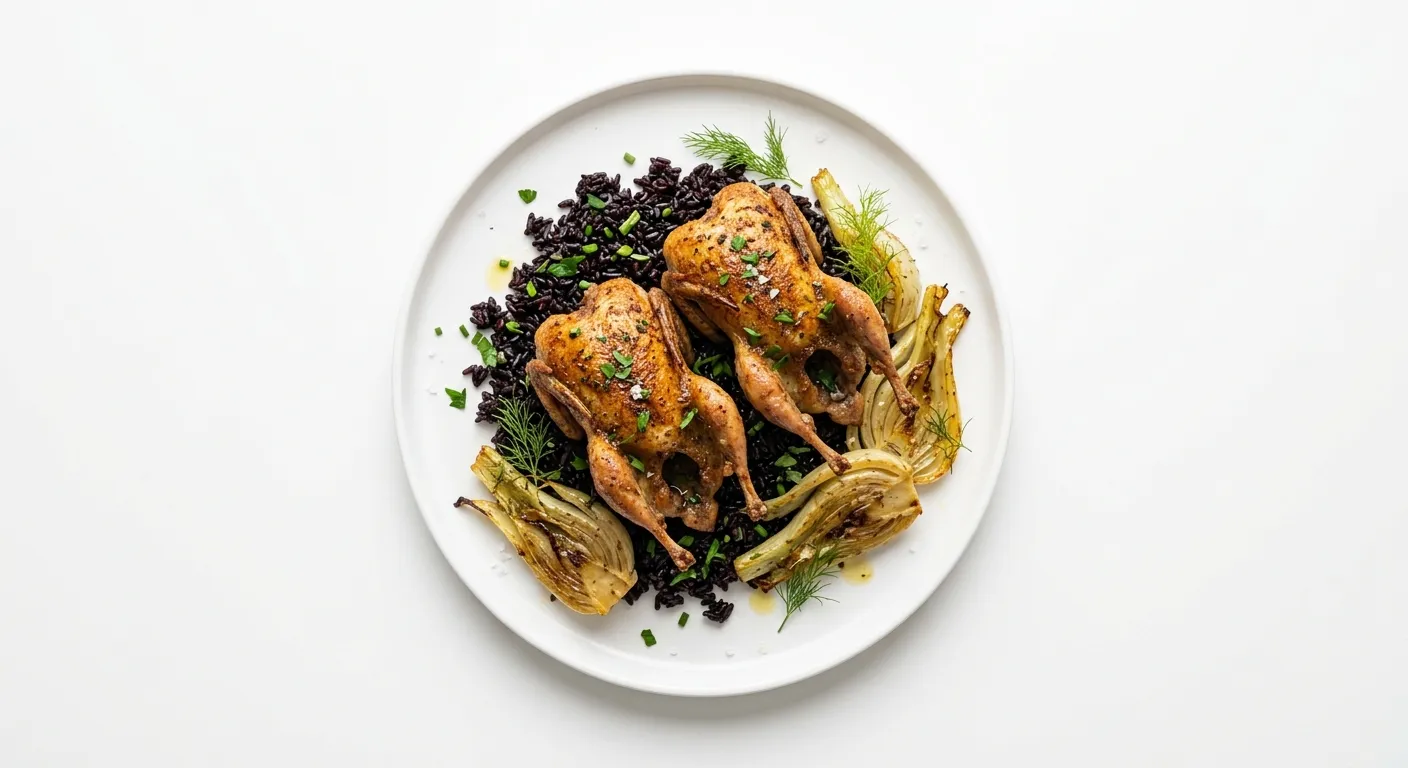 Exotic Spiced Quail with Black Rice and Roasted Fennel
