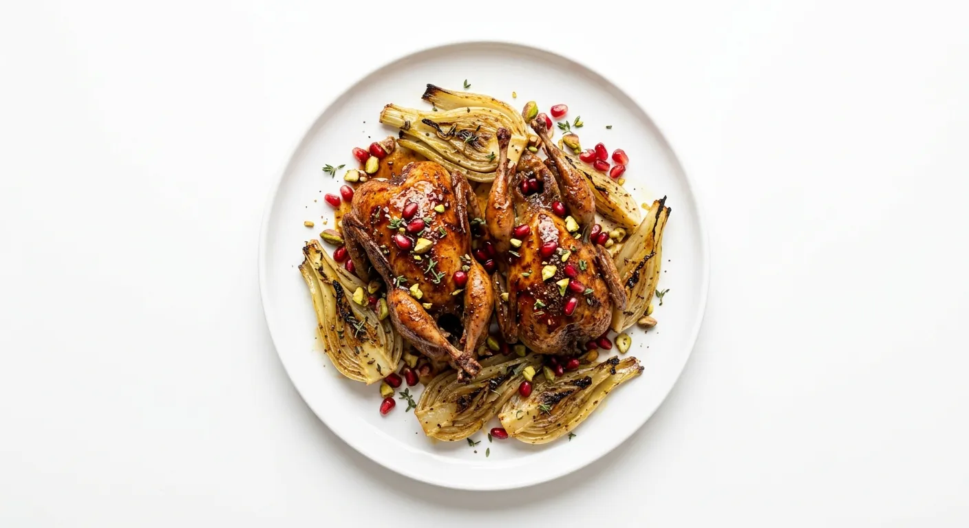 Exotic Spiced Quail with Pomegranate Glaze and Roasted Fennel